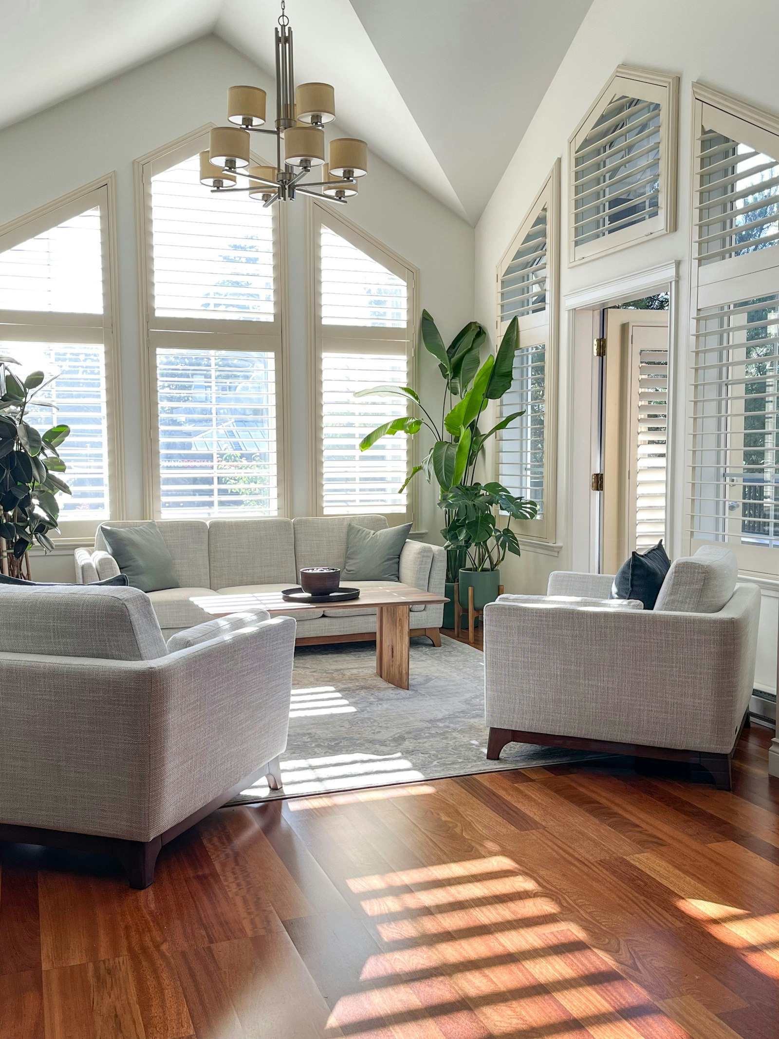 Bright living room with freshly painted white walls