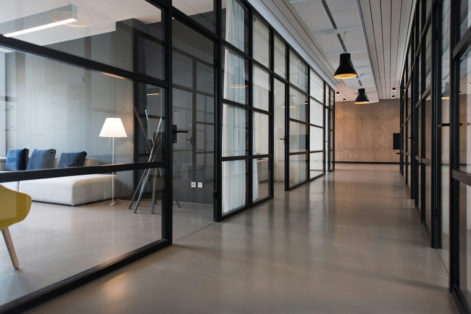 Bright office corridor with freshly painted walls